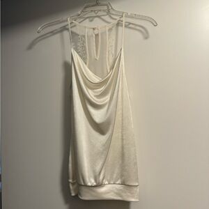 Expreee White Silky Blouse Tank Top with Lace Detail and Banded Bottom